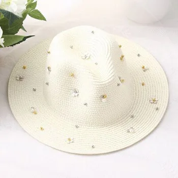 2020 Nauja Pavasario Vasaros Skrybėlės Moterims Gėlių Karoliukai plačiais Kraštais Džiazo Panamos Skrybėlė Saulės Skydelis Paplūdimio Skrybėlę Gėlių Pearl kniedės Šiaudų Skrybėlę