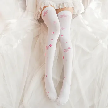 Miela mergina, balti vyšnių žiedai kelio aukštos kojinės - aksomo spausdinimo tinklinės kojinės pridėti 70 cm ilgio šilko kojinės