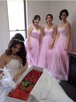 Persikų Rožinė Pigūs Bridesmaid Dresses Pagal Appliques Ilgai Vestuvės Suknelės Moterų-Bridesmaid Dresses atgal