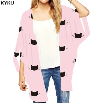 KYKU Prekės Katė Prarasti Kimono Moterų Gyvūnų Spausdinti susagstomi megztiniai Rausvos spalvos Marškinėliai Grafiti Atidaryti Dygsnio Palaidinė Rašalo 3d Palaidinė Moteriški Drabužiai