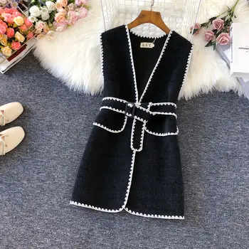 Korėjos Vidurio ilgis Vilnos Liemenė Striukė Moterims, Elegantiškas Su Varčias Megztinis Liemenė Vintage Megztinis Mezgimo Outwear Chalecos Para Mujer