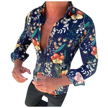 Camisa Masculina Havajų Marškinėliai Vyrams Priežastinis Gėlių Spausdinti Ilgomis Rankovėmis Marškinėliai Slim Fit Gėlių Streetwear Palaidinė Viršų