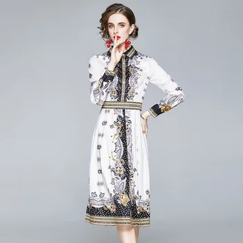 Kilimo ir tūpimo tako Dizaineris Suknelė Moterims Rudens Žiemos Prarasti Plius Dydžio Elegantiškas Plonas Suknelė Balta ilgomis rankovėmis Atvartas Derliaus Kelio ilgio Suknelė