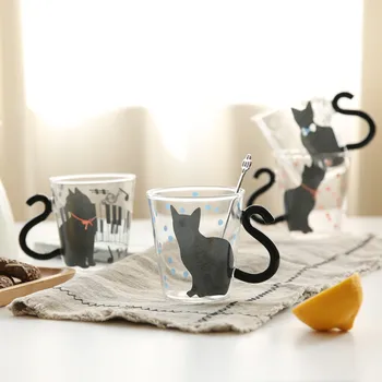 Transhome Cute Kačių Stiklo Puodelis 250ml Kūrybos Katė Stiklo Puodelis Puodeliai Kavos, Pieno, Arbatos Puodelio Kūrybos Kavos Puodelis Portabel Kelionės Bokalų