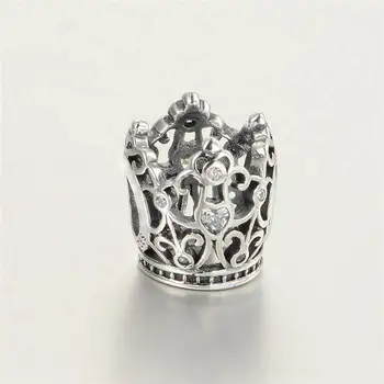 Naujas Princess Crown ažūrinės figūrinių 925 Sterlingas Sidabro Žavesio Granulių su Kubinis Cirkonis Tinka Pandora Stiliaus Žavesio Apyrankės