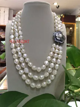 Naujas Elegantiškas, ponia, yra didelis 3row 9-10mm baroko baltos spalvos gėlavandenių perlų vėrinį 20