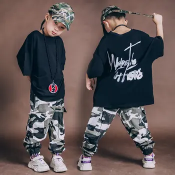 Berniukai & Mergaites, Hip-Hop ' o Drabužių Nustatyti Paauglys Vaikams Prarasti Gatvės Šokių Drabužiai Vaikams Veiklos, T-marškinėliai Camo Kelnės X513