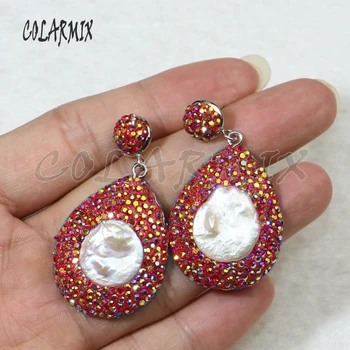6 Poros Lašo formos perlų auskarai Nutiesti kalnų krištolas Shell & perlai, Papuošalai, auskarai, dovana lady 8047