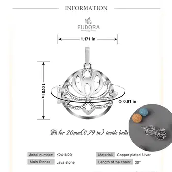 EUDORA 18mm Lotoso žiedas Lockets Pakabukas Aromaterapija apranga Difuzorius Karoliai tinka Ugnikalnių Lavos Akmens Kamuolys Fine Jewelry K241