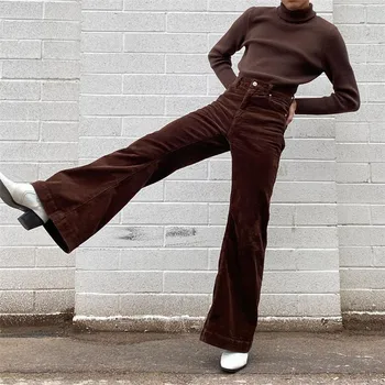 HEYounGIRL Rudenį Chaki Brwon Velvetas Užsiliepsnojo Kelnės Moterims Derliaus High Waisted Ilgos Kelnės Mados Y2K Streetwear Poilsiu 2020 m.