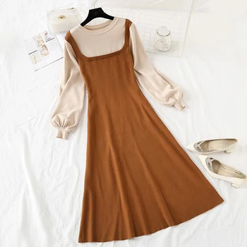 Pavasarį Rudenį-line Megzti Suknelė Moterims, Elegantiškas Kratinys Plonas Megztinis Suknelė Žibintų rankovės Šalies Vestidos 2020 m. aukštos kokybės
