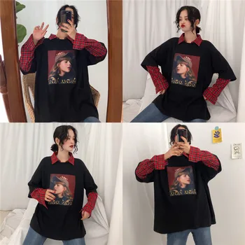 Derliaus Rudenį netikrą dvi naujos mados Harajuku prarasti hip-hop Pledas Turn-žemyn Apykaklės marškinėliai ulzzang atsitiktinis įdomus print T-shirt