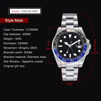 Parnis 40MM Vyrų Mechaninis Laikrodis Nerūdijančio Plieno GMT Žiūrėti Sapphire Kristalas Automatinė Vyrų Laikrodžiai reloj hombre 2020 Prekės