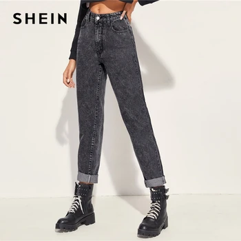 SHEIN Pilka Mygtuką Priekyje Draugu Atsitiktinis Džinsai Moterims Nuosėdos 2019 M. Rudenį Streetwear Vidurio Juosmens Mados Ilgai Džinsinio audinio Kelnės