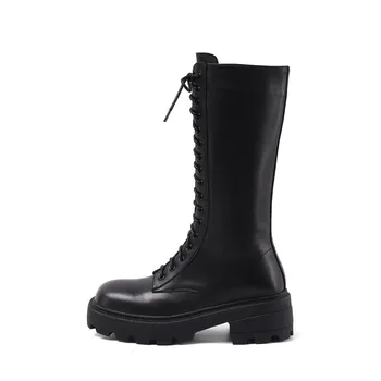 GPOKHDS 2021 moterys Vidurio Blauzdos batai Karvės odos Žiemos trumpas pliušinis Aikštėje Kojų Užtrauktukas aukštakulnius moteris Jojimo batai 40 dydis