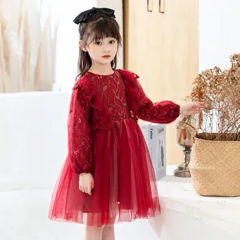 Vintage Suknelė, Amžius 3 - 10 Metų Kūdikių Mergaičių Blizgančiais Ilgomis Rankovėmis Suknelės 2021 Naują Pavasario Vaikų Drabužių Raudona Smėlio Vaikai Frocks