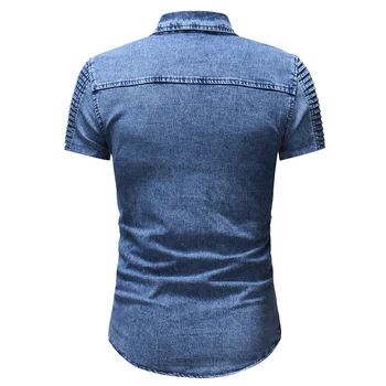Naujas džinsinis audinys drabužiai užsienio prekybos trumparankoviai marškinėliai asmenybės susiuvimo plisuotos rankovėmis džinsinio marškinėliai vyrams drabužius 2018 M-XXXL