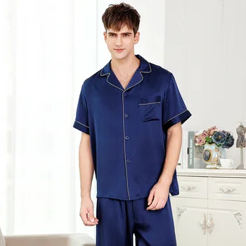 Mados originali šilko pižama rinkiniai vyrams trumpomis rankovėmis, seksualus šilko pižama vyrų gryna spalva šilko patalpų dėvėti pižamos mens