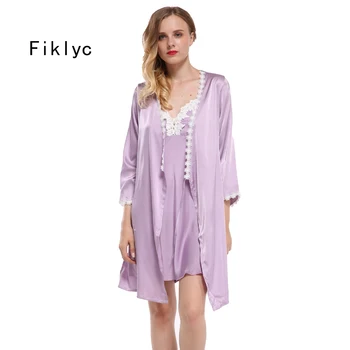 Fiklyc prekės visiškai rankovės seksualus moterų apdaras & suknelė rinkiniai nėrinių gėlių satino moterų pižamos rinkiniai nightdress + chalatas homewear karšto