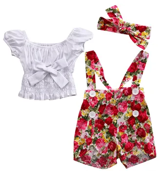 Vasaros Bamblys Merginos Lankas Marškinėliai ir Gėlių Petnešomis Šortai +Lankelis 3PCS Rinkiniai Vaikams Baby Girl Drabužių Komplektus, Rinkinius