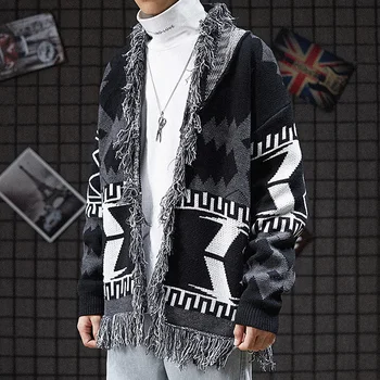 Japonijos Retro Džemperis Cardigan Harajuku Streetwear Geometrinis Kratinys Kutas Cardigan Megztinis Vyrams, Moterims, Žaliavų Kraštais Megztiniai