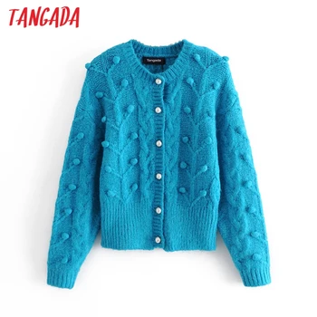 Tangada Moterų Mėlyna Pasukti Kamuolys Papuošti Cardigan Vintage Megztinis, Vintage Negabaritinių Megzti Megztinis Kailis 3H459