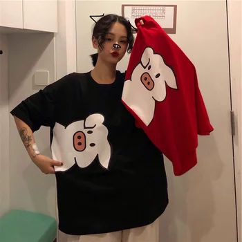 Mados grafinis tees Moterų japonijos derliaus spausdinti marškinėliai trumpomis rankovėmis O-Kaklo Harajuku kawaii atsitiktinis juoda Didelio dydžio viršūnes tee