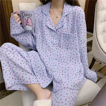 Patogios minkštos medvilnės namų kostiumas moterims sleepwear drebulys vyšnių spausdinimo mielas ilgomis rankovėmis pižamos komplektas marškinėliai kelnės paprasta Y060