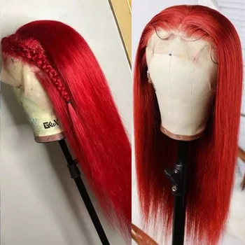 Safyras Karšta Raudona Brazilijos Tiesiai Žmogaus Plaukų Perukai HD Spalvos Nėrinių T Dalis, Nėriniai Priekiniai Žmogaus Plaukų Perukas 28 cm Nupeštos Nėriniai Perukas