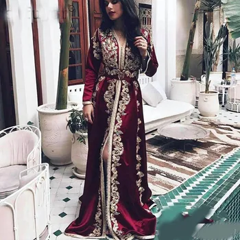 Bordo Maroko Kaftan Vakaro Suknelės Ilgomis Rankovėmis Nėrinių Appliques Musulmonų Promenadzie Suknelė Arabų Musulmonų Ypatinga Proga Oficialus Par