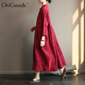 OriGoods ilgomis rankovėmis Moterų Suknelė Kinų stiliaus Pavasarį, Rudenį Ilga Suknelė 2019 Plius dydis Derliaus Medvilnės Skalbiniai Elegantiška Suknelė A397