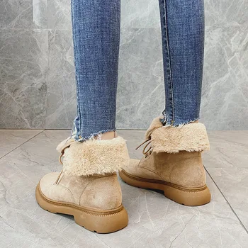 Plus size 32-43 Sniego Batai Nauji Dirbtiniais Zomšos odos batai moterims, batai nėrinių storas kailis šiltas vidurio blauzdos batai retro žiemos sniego boot