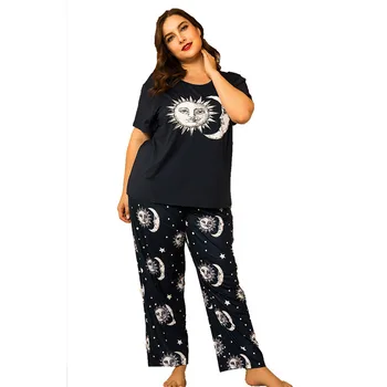 4XL Plius Dydis 2vnt Moterų Vasaros Gražus Pajama Komplektai Sun Moon Spausdinimo Pižama trumpomis Rankovėmis, Minkšta Pijamas Rudenį Sleepwear Homewear