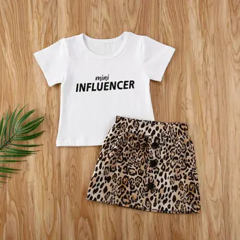 Pudcoco Bamblys Baby Girl Drabužiai Viršūnes Laišką trumpomis Rankovėmis T-Shirt Leopard Print-line Mini Sijonas, Suknelė Vasaros Mados Komplektus