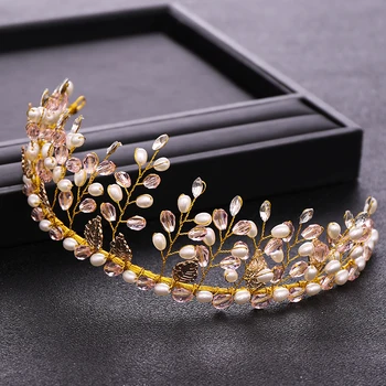 Naujas Vestuvių Plaukų Aksesuarai Gėlių Lapai Pearl Kristalų Ekrano Užsklandą Princess Crown Nuotakos Tiara Aukso Tiara Rankų Darbo Aksesuarai