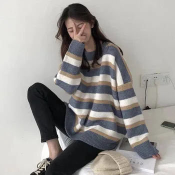 Naujas Dryžuotas Džemperis Moterims Studentų Golfo Korėjos Prarasti Ilgai Mezgimo Megztinis Megztinis Žiemą, Moterų Topai Kailio Drabužiai Femme