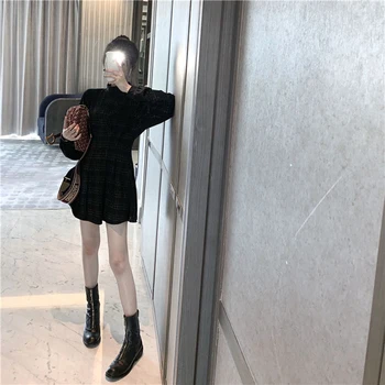 Pavasario 2020 Moterų Derliaus Mini Suknelė ilgomis Rankovėmis Pledas-line Punk Stiliaus Gotikos Suknelė Aukšto Juosmens Suknelė