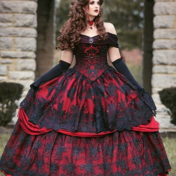 Gotikos Konstrukcijos Raudona ir Juoda Vestuvių Suknelės Pilis Princesė Off Peties Senovinių Nėrinių Satino Nuotakos Kamuolys Chalatai vestido de noiva