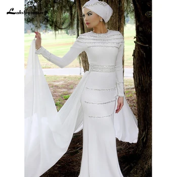Paprasta Duobute Undinė Vestuvių Suknelės Dubia ilgomis Rankovėmis Aukštu Kaklu Musulmonų Nuotakos Suknelė su hijab Vestuvių Turkijos Rytuose Chalatai