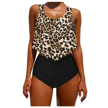Maudymosi kostiumėliai Moterims Bikini 2020 M. Maudymosi kostiumas moterims maudymosi kostiumėlį Viršuje Susiėmę Su High Waisted Bikini Rinkinys Leopardas Spausdinti Apačioje Monokini