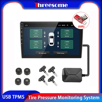 USB TPMS Padangų Slėgio Stebėjimo Sistema 4 Padangos išorinis / Vidinis Temperatūros Jutikliai, Signalizacija Automobilio Radijo Automobilių DVD Grotuvas 
