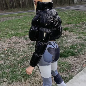Moterų Atsitiktinis Mados ilgomis Rankovėmis PU Šiltas Parko Paltai Žiemos Apkarpytos Ryškiai Blizgios Sidabro Burbulas Kailis Puffer Jacket Outwears Sexy