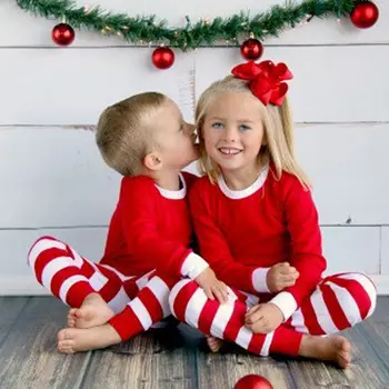 Rudenį, Žiemą 2vnt Bamblys Vaikams ilgomis rankovėmis raudona nustatyti Kūdikių Berniukų, Mergaičių Dryžuota Apranga Kalėdų Pižama Sleepwear Rinkinys