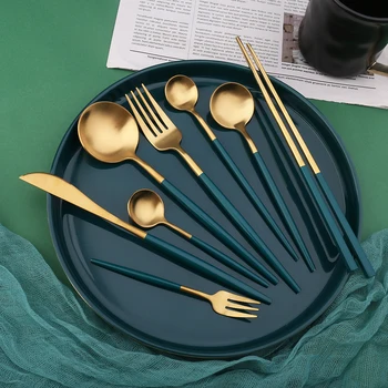 Karšto Didmeninė Dropshiping sidabro, nerūdijančio plieno, Tamsiai Žalia, Aukso ir senovinių stalo įrankiai stalo šaukštas valgomasis peilis nustatyti, korėjiečių virtuvė