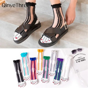 Mados moterų juokinga kojų dryžuotas plonas stiklo, šilko kojinės Japonijos korėjiečių kvėpuojantis sukrovė kojinės vasaros candy spalva sandalas kojinės