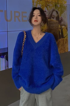 Mėlynasis V-kaklo Džemperis 2020 Naujas Prarasti Moterų Rudenį ir Žiemą Sutirštės Megztinis Megztinis Viršų