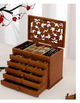 Dobilų natūralaus medžio papuošalų dėžutė retro stiliaus didelis daugiasluoksnės santuokos atostogų dovanų makiažas organizatorius talpinimo 31*20*25CM