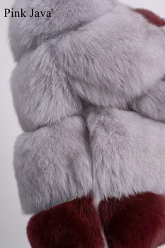 ROŽINĖ JAVA QC1818 2018 naują atvykimo moterų storas, pūkuotas nekilnojamojo fox fur coat ilgomis rankovėmis neguine kailio striukė Spalva Blokavimas didmeninės
