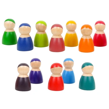 12PCS Vaivorykštės spalvų Medinės Lėlės Lėlės Žaisti Namus, Vaikų, Kūdikių Ankstyvojo Ugdymo pranašumą Mediniai Žaislai