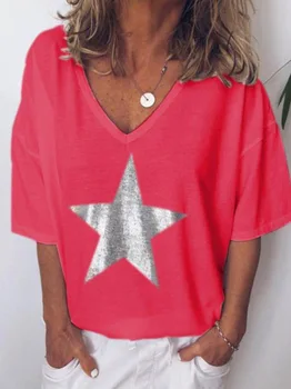 Star Print T Shirt V-Kaklo Geltona Violetinė Balta Marškinėlius Moterims Trumpomis Rankovėmis Vasarą Plius Dydis Xxxl Xxxxl Xxxxxl 2019 Haut Femme